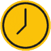 A yellow clock with black numbers on it.