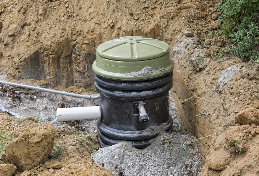 A black and green object sitting in the dirt.