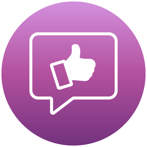 A purple and white icon with an image of thumbs up